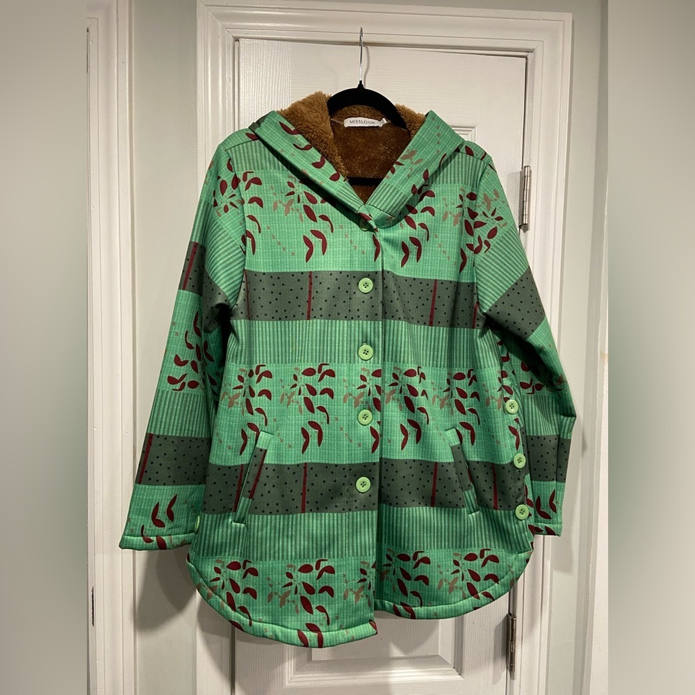 MISSLOOK Size XXL Green Quilted Jacket Faux Fur Lined Button Front Hooded Coat